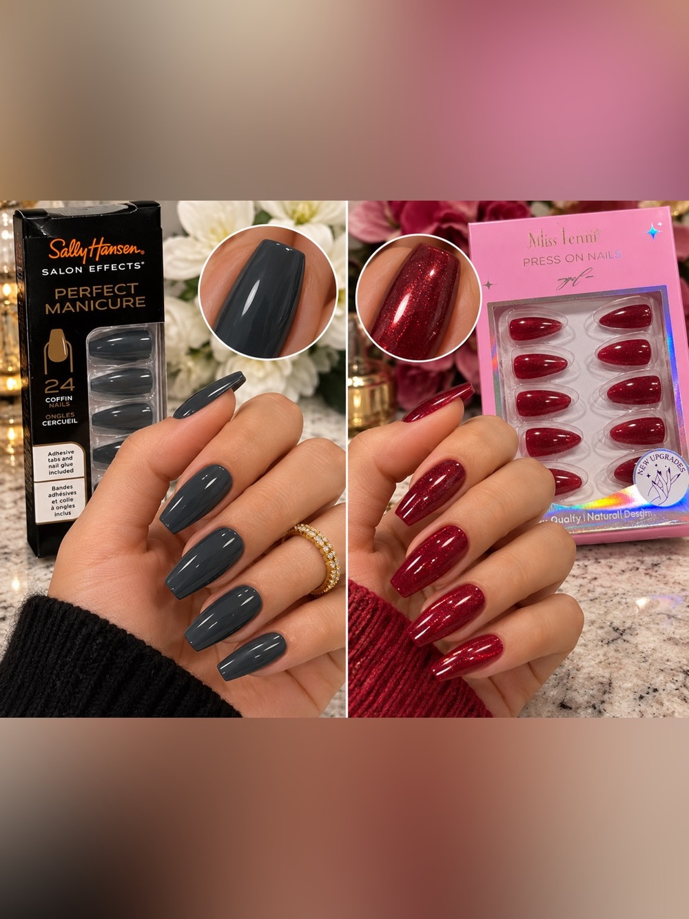 Salon-Quality Press-On Nail Set in Gray and Burgundy set of 2